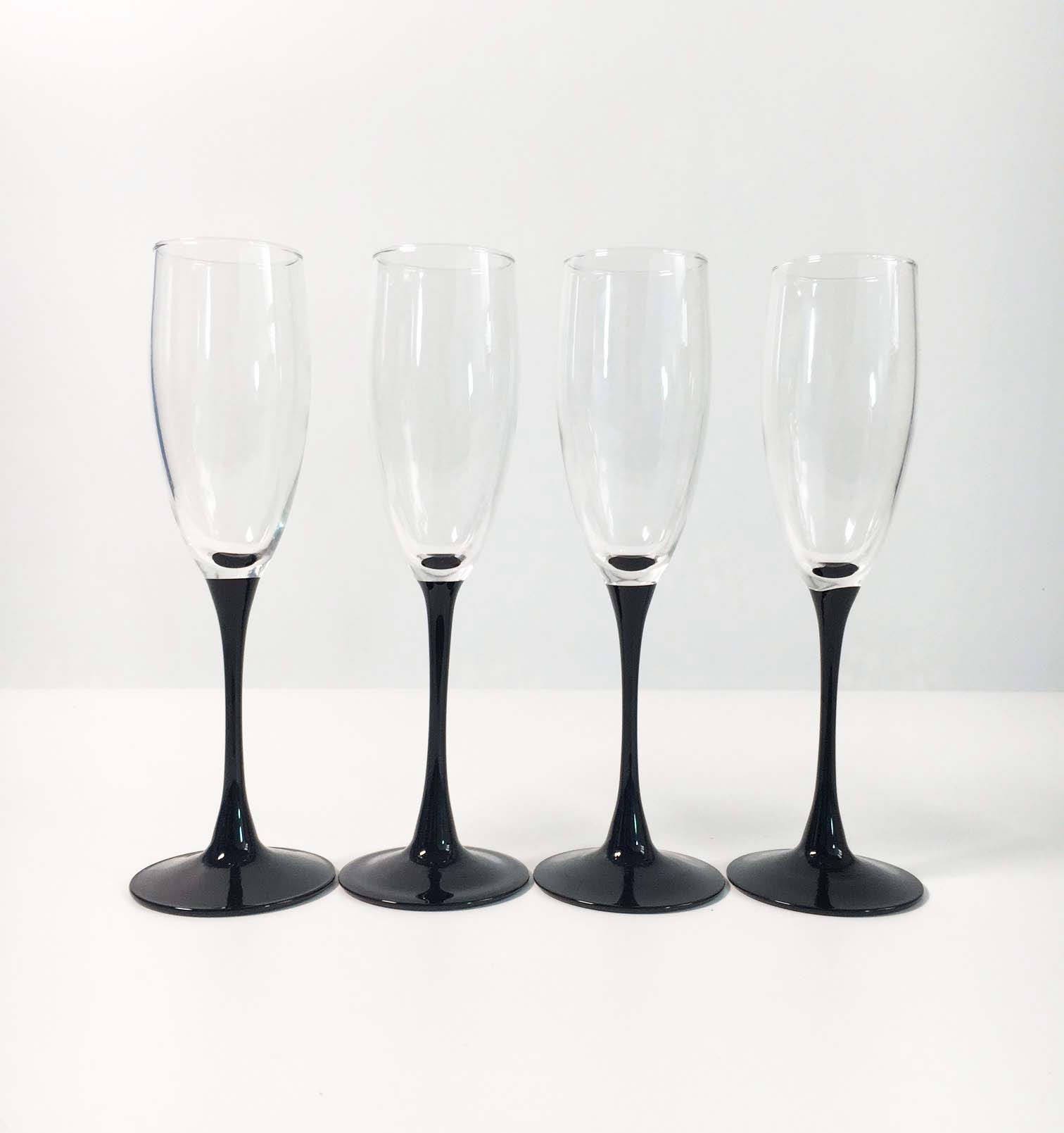 8 oz Stemmed Champagne Flute Glasses with Angled Matte Black Design and Silver Plated Internal Accent, Set of 4