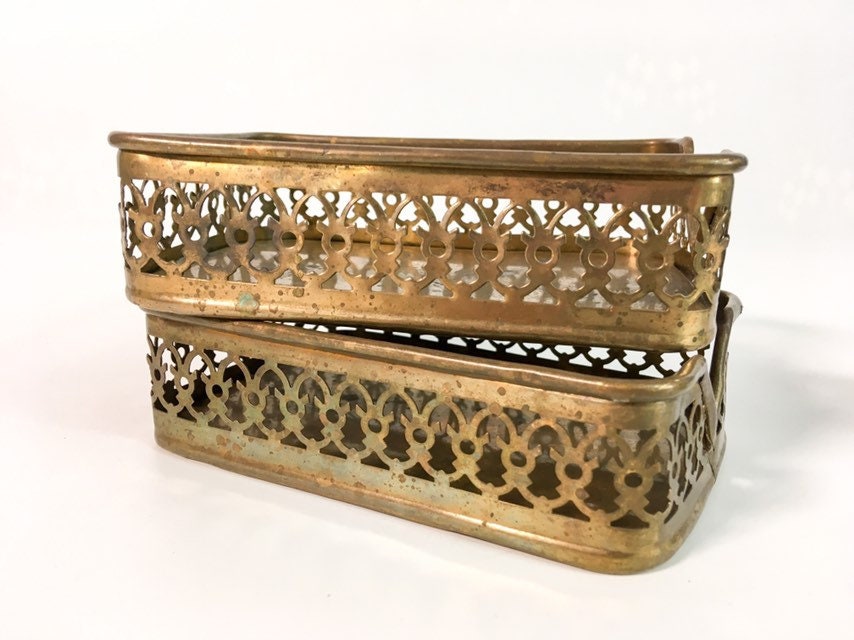 Pair Vintage Brass Office Storage Trays Small Rectangular Lattice