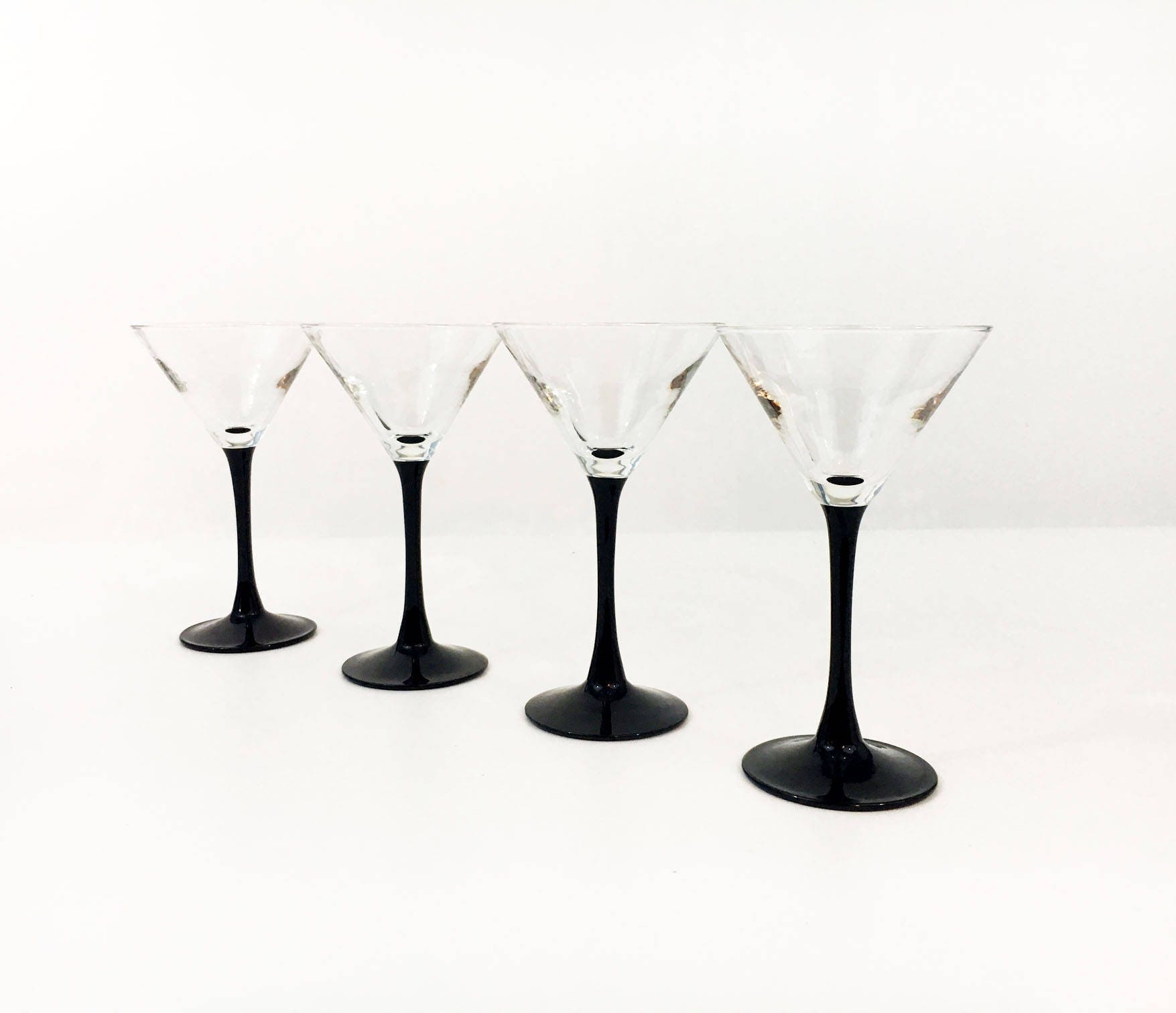 Vintage Set of 4 Luminarc France Black Stemmed Cocktail Martini Glasses