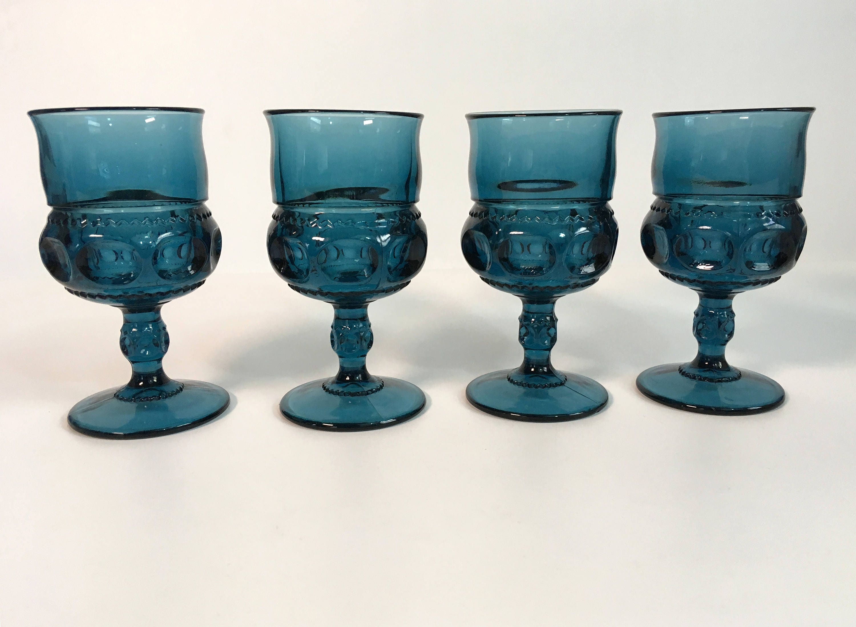 4 Vintage Blue Glass Wine Water Glasses Decorative Sides & Stems w