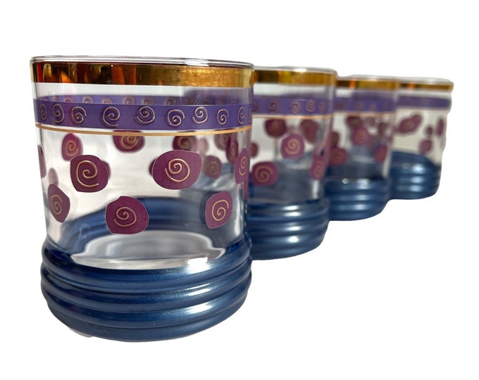 Vintage Flat Tumblers Set of 4 Glasses  Drinkware - Four Blue Banded Base Purple Swirls & Gold Band - Retro Glassware - Heavy Large Glass