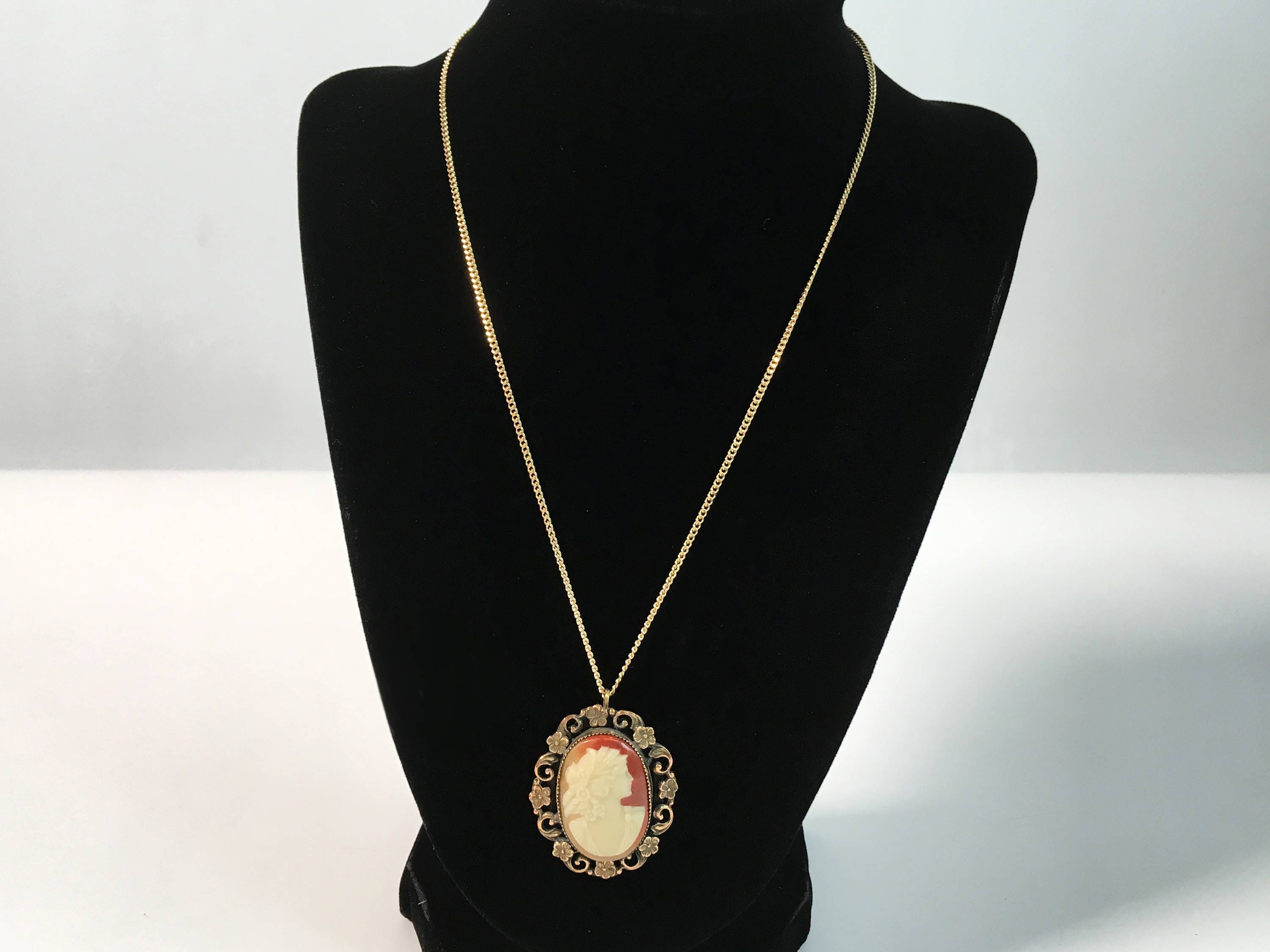 Vintage Cameo Pendant on 14K Gold Filled Chain - Large Oval Retro Cameo ...