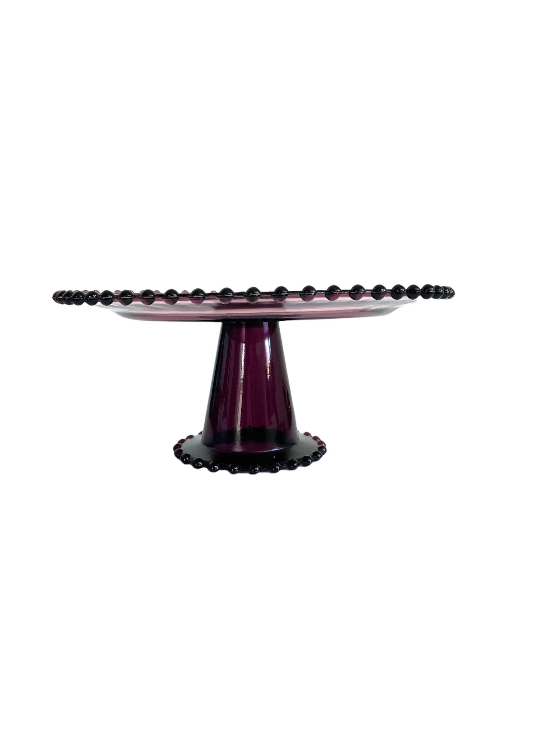 Beaded Edge Glass Cake Stand Pedestal Purple Glass Colored Vintage