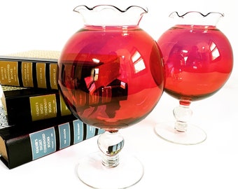 Vintage Pair Red & Clear Ball Shaped Glass Mantle Pedestal Vases - 2 Frilled or Crimped Top Edge Vases - Retro Home Decor