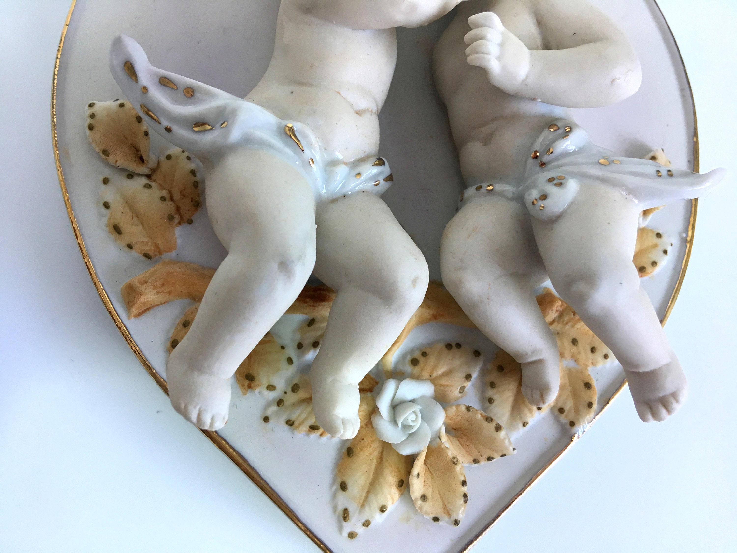 Matching Pair Vintage Porcelain Angel / Cherub Wall Plaques- 3D Kitsch Mid century Wall Hangings
