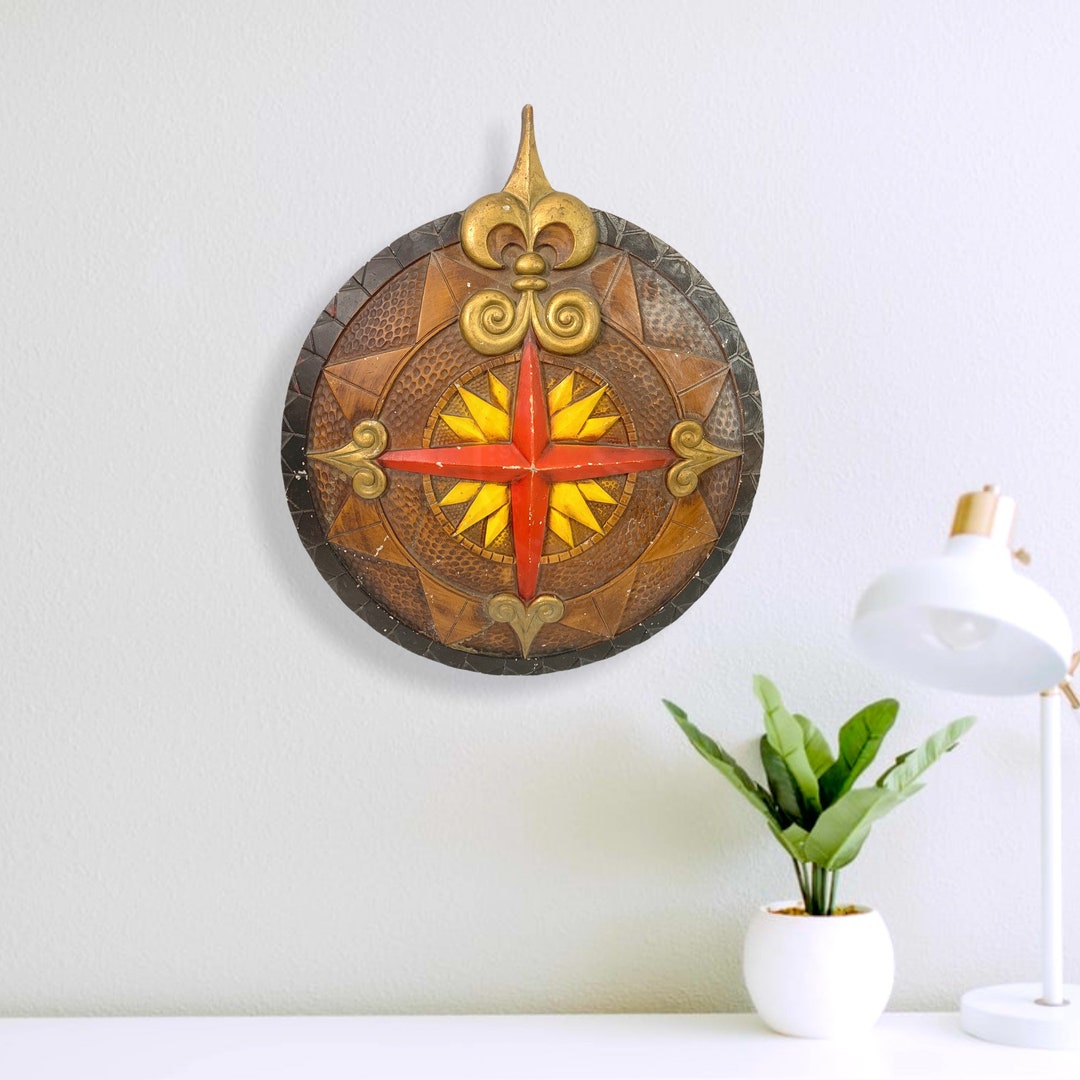 Vintage LARGE Metal Compass Rose Wall Hanging Sexton Nautical Round Wall Art Retro Mid Century