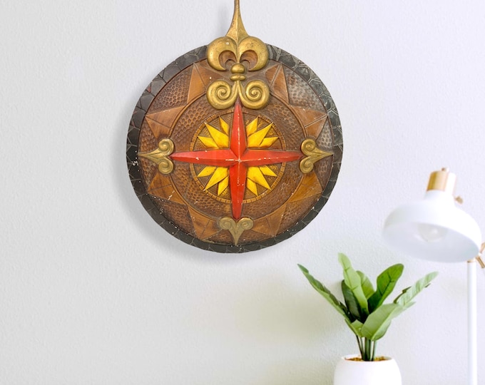 Vintage LARGE Metal Compass Rose Wall Hanging - Sexton Nautical Round Wall Art Retro Mid century Decor