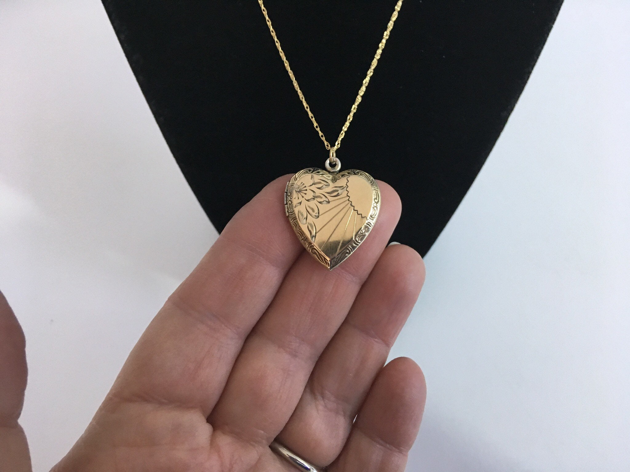 Vintage Vermiel Heart Locket Necklace w/ 14K Gold Fill Chain - Etched ...