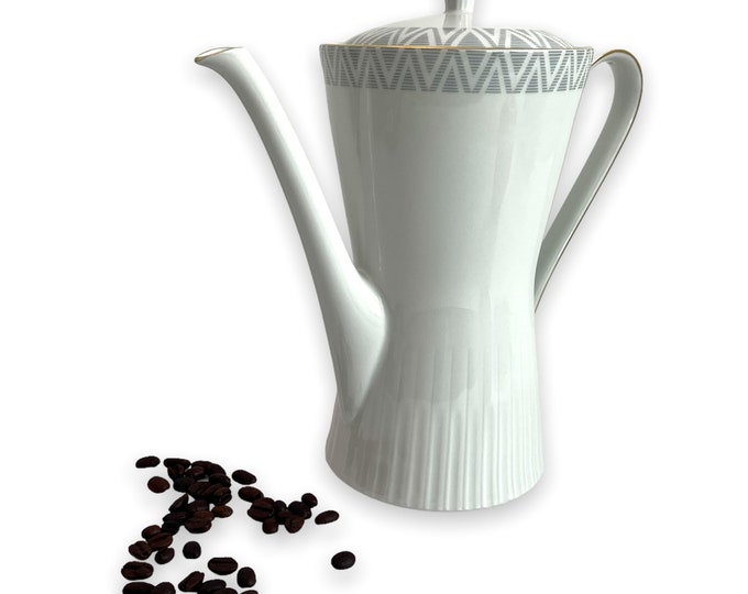 Mid century Coffee Pot by Zeh Scherzer - White with Grey Pattern & Gold Accent Trim - Mod Modern Bavaria Germany - Retro Dining Serving