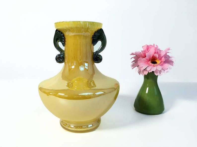 Vintage Murano Art Glass Vase Yellow W Green Handles Mid Image 0