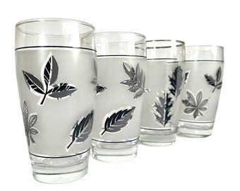 4 Silver Foliage by Libbey 10 oz Flat Tumbler Leaves Mid Century Glasses - Vintage Drinkware Four Retro Glasses Dining Serving Entertaining