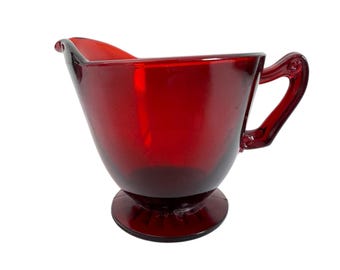 Vintage Royal Ruby Footed Creamer by Anchor Hocking Red Depression Glass Creamer w/ Ornate Handles - Retro Kitchen Serving Display