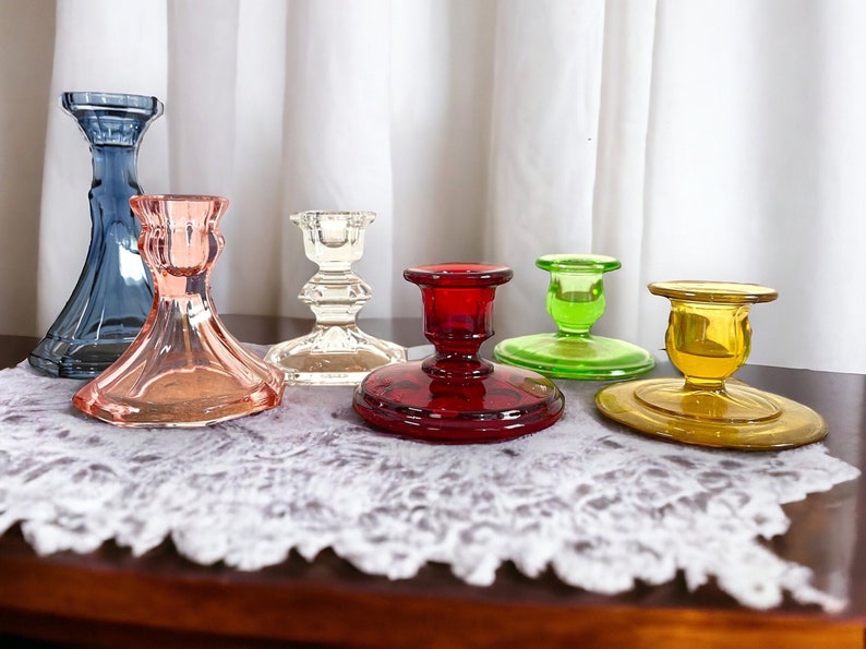 Vintage Glass Candleholders Mix 2nd Time Around Collection 6 Retro Colorful Home Decor Candlestick Holders Depression Era thru Mid Century image 1