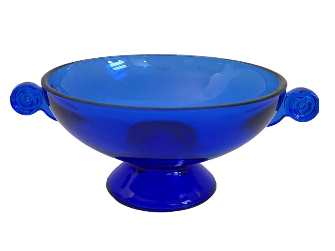 Cobalt Blue Glass Footed Bowl W/ Swirled Handles Short Pedestal Base