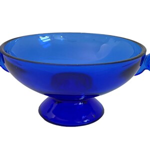 Cobalt Blue Glass Footed Bowl w/ Swirled Handles Short Pedestal Base - Small Round Retro Smith Glass -  Home Kitchen Decor Display / Serving