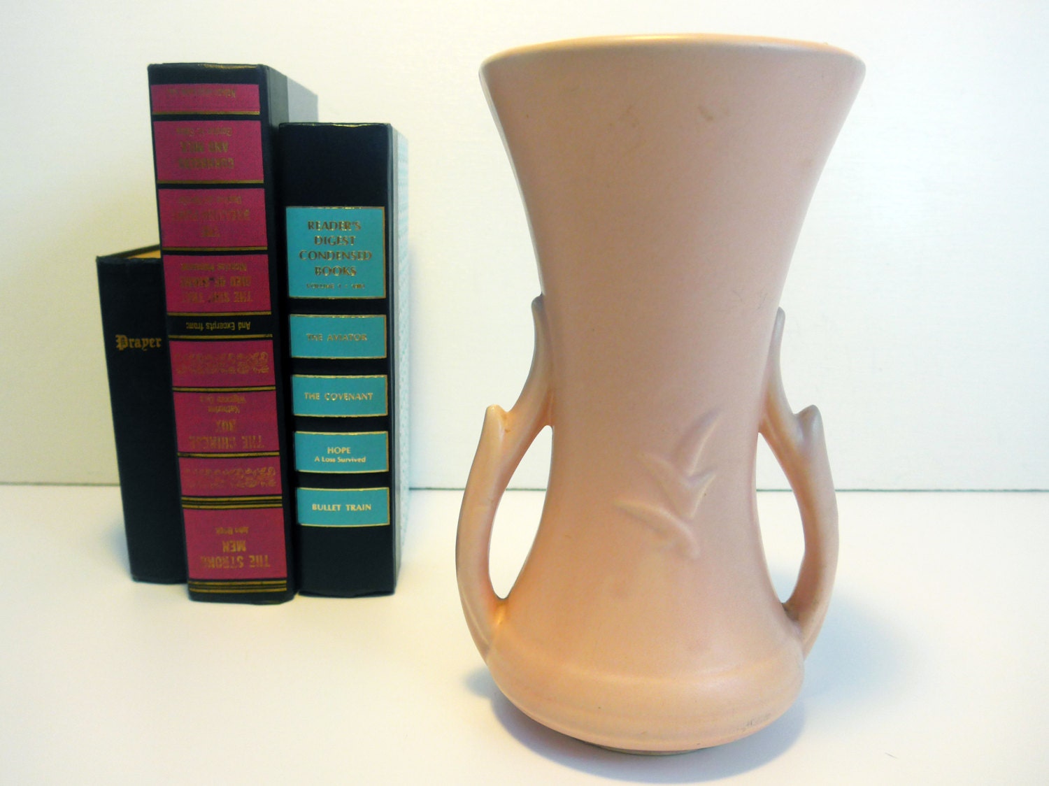 Vintage McCoy Pottery Pink / Salmon Vase Two Handle Vase w/ Embossed