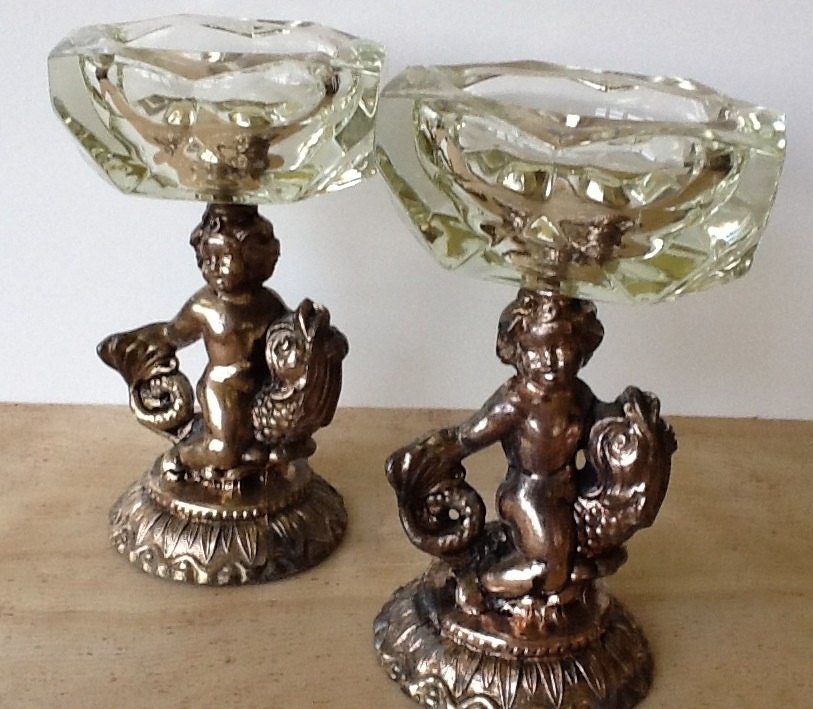 Ashtrays 2 Heavy Crystal or Glass Brass Tone Ashtrays w/ Cherub Base