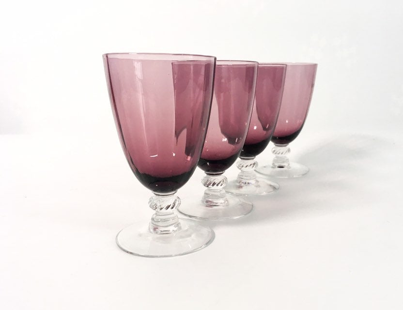 4 Vintage Purple Cordial Glasses Aurora Amethyst By Frye W Clear Stems Optic Swirl Wine