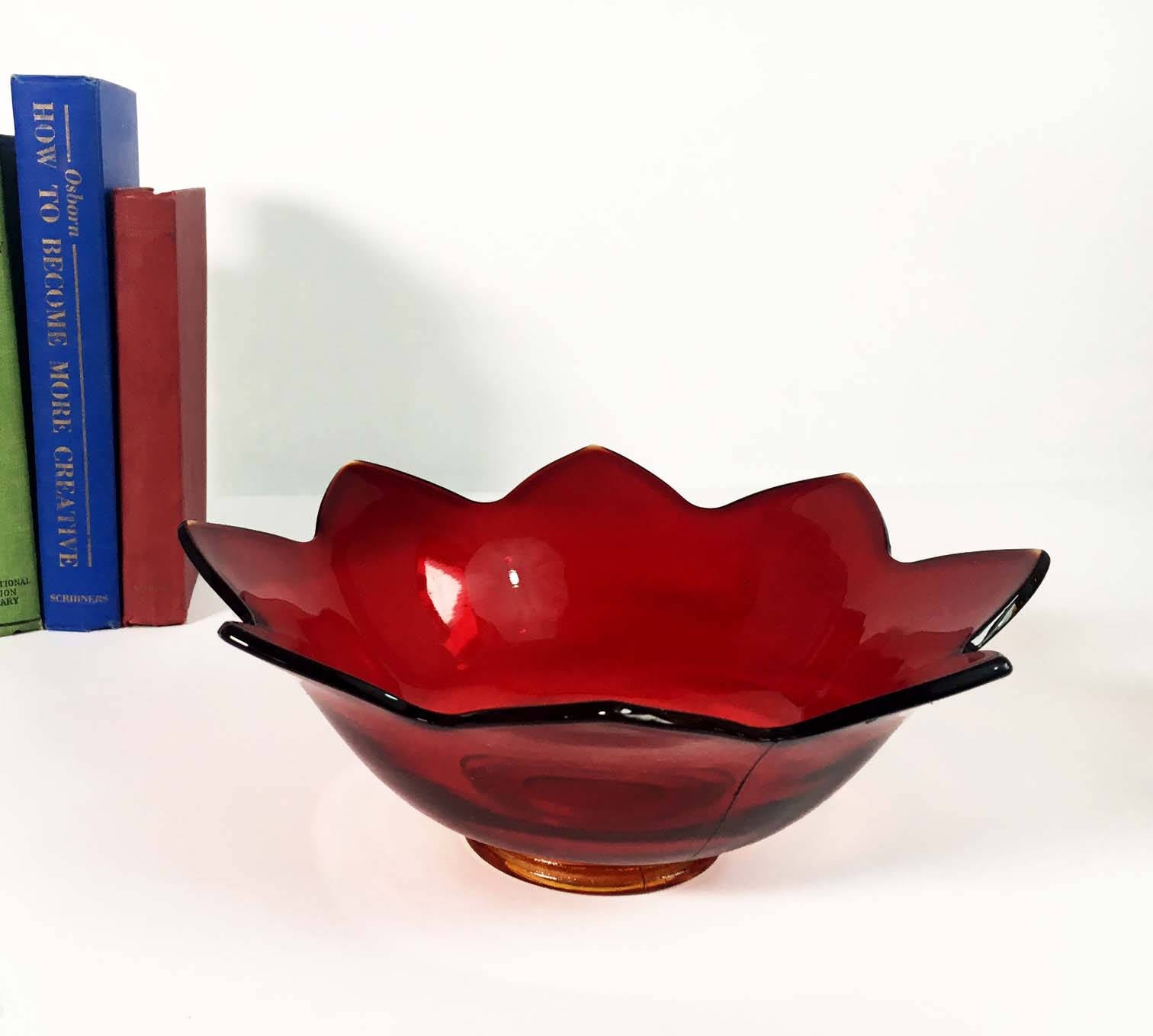 Vintage Amberina Glass Flower Petal Bowl Star Shaped Serving Bowl Red