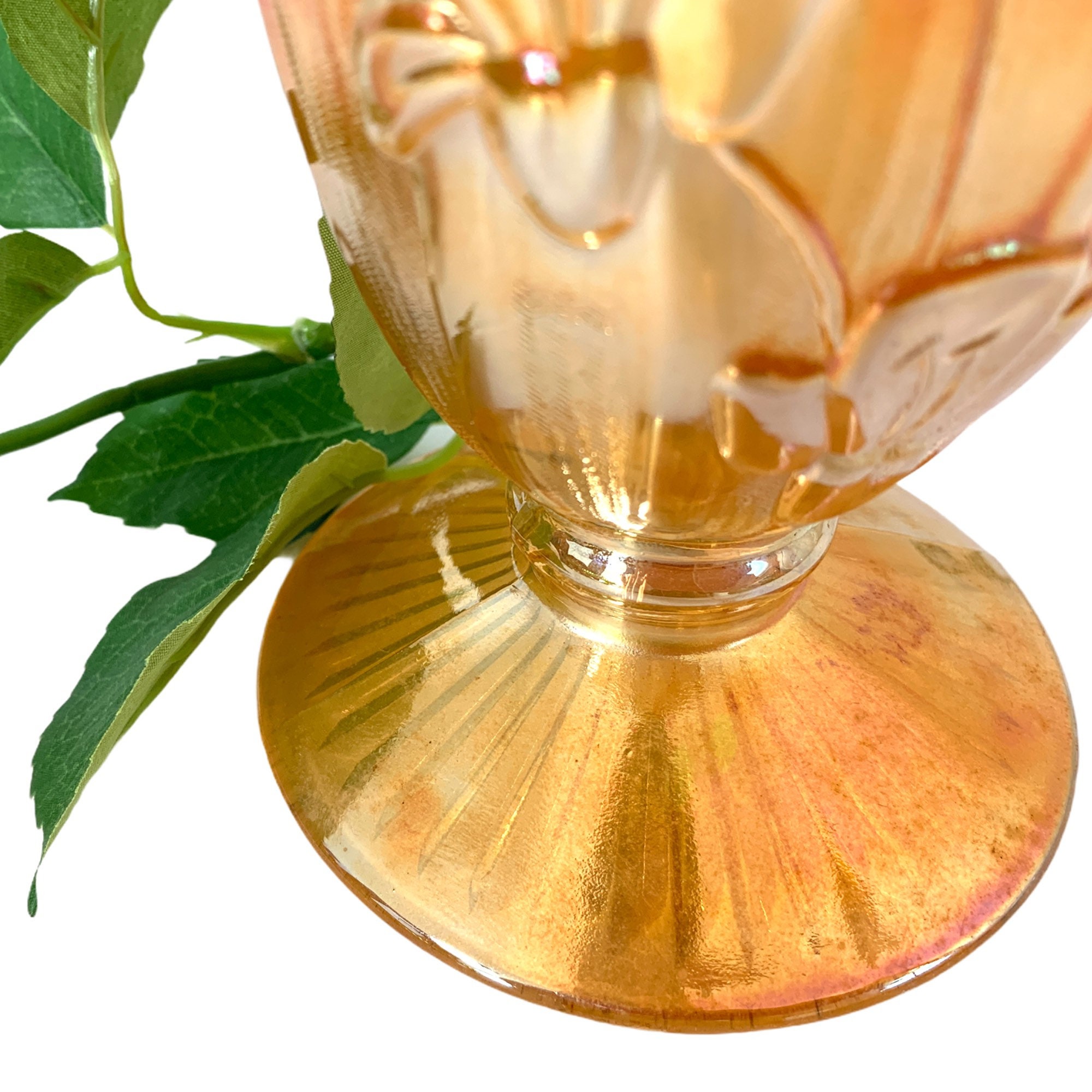 Peach Glass Iris & Herringbone 9 Inch Vase Retro Iridescent