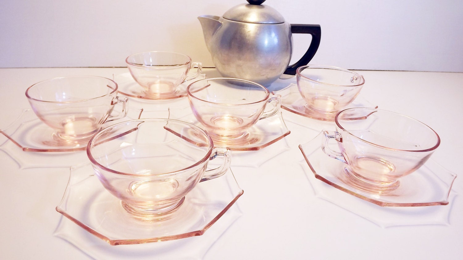 Pink Depression Glass Cambridge Tea Set - Vintage Set 6 Blush Glassware Cup  and Saucers - Antique Pink Glass Cups Octagon Matching Saucers