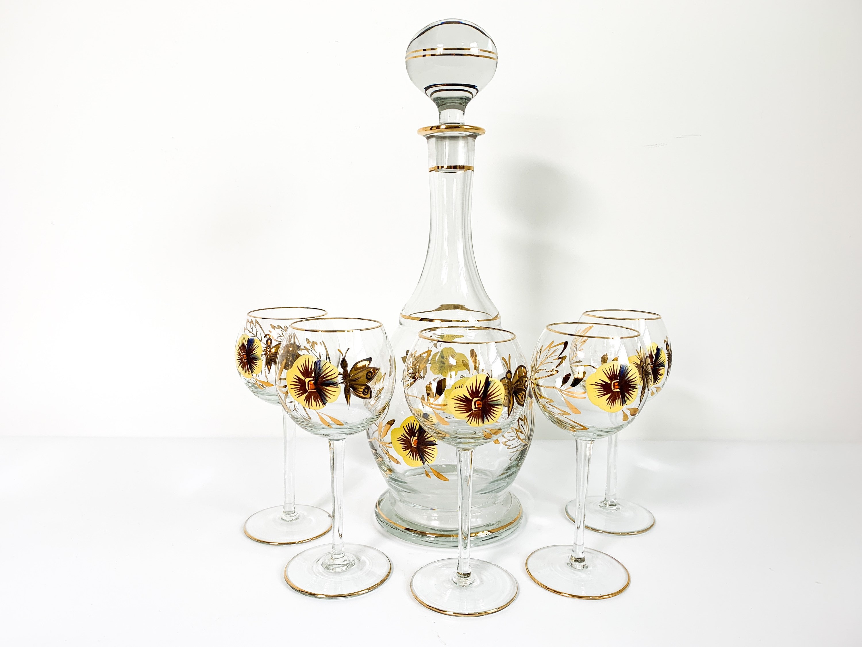 Vintage Hand Painted 6 Piece Decanter Set Pansy Flowers Butterflies