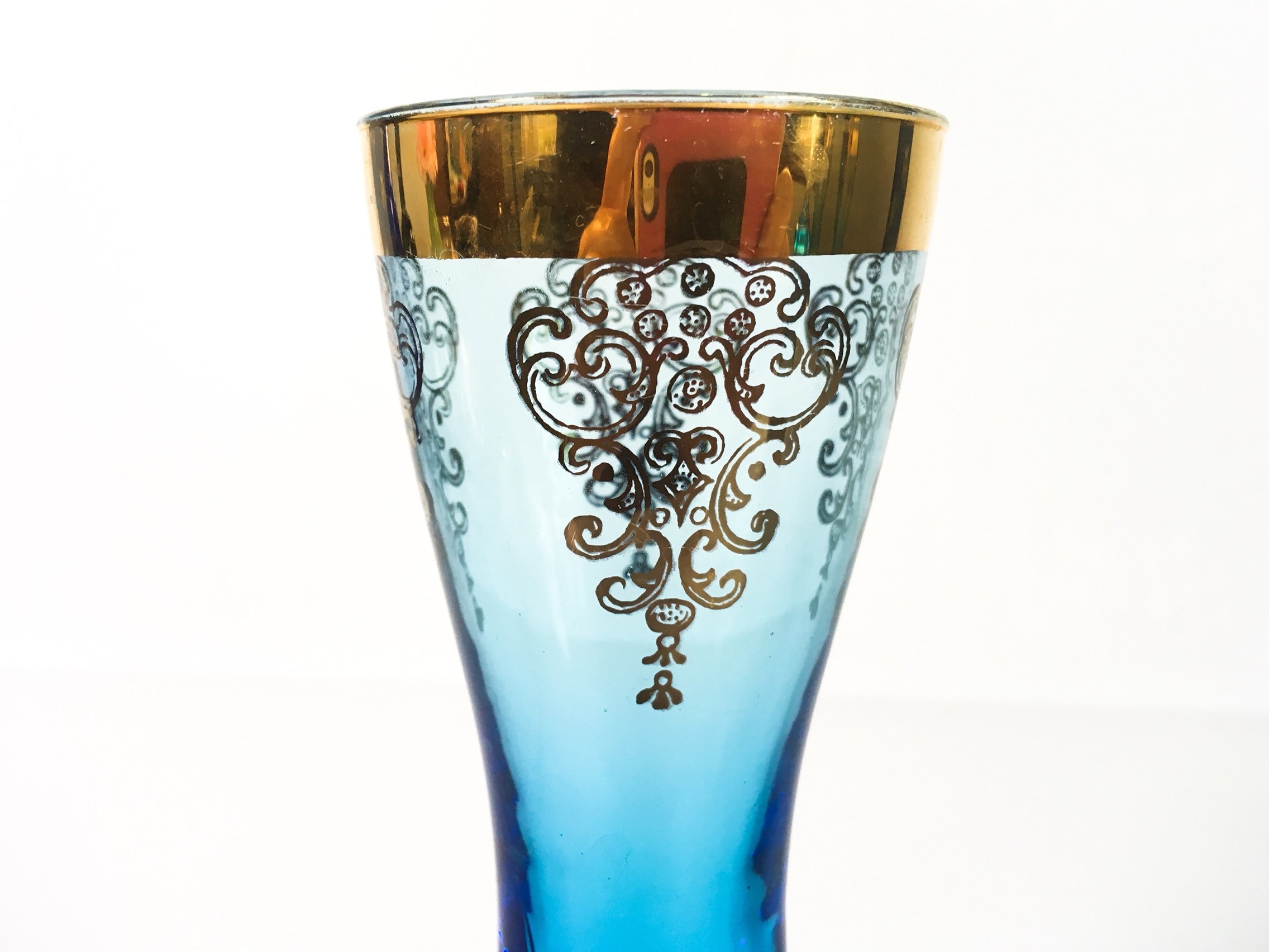 Vintage Set of 4 Blue & Gold Glasses w/ Twisted Stems Barware Serving