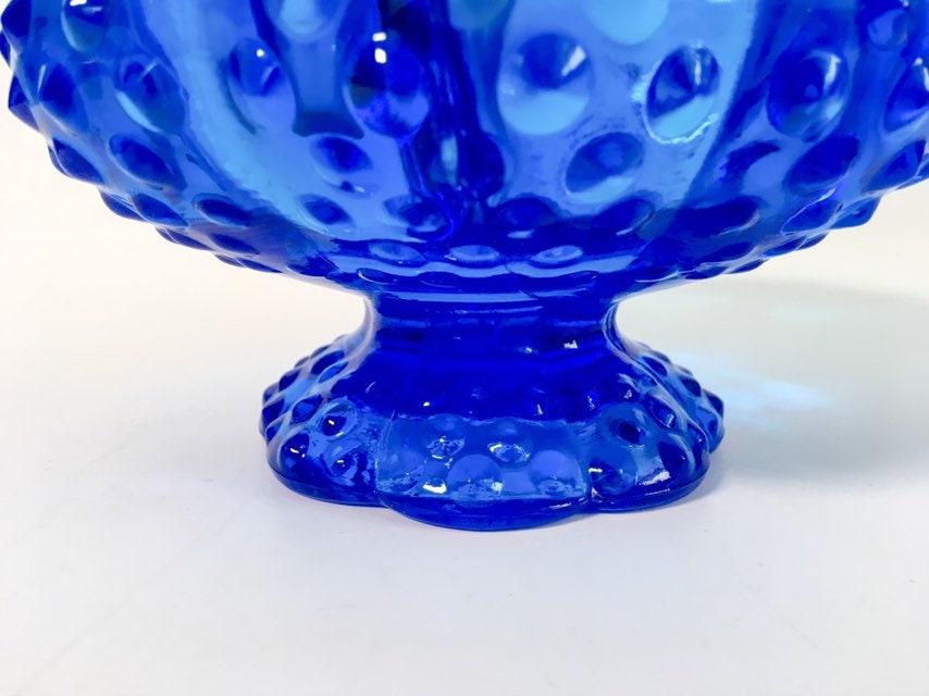 Vintage Fenton Art Glass Colonial Blue Hobnail 6 Candle Holder Bowl I