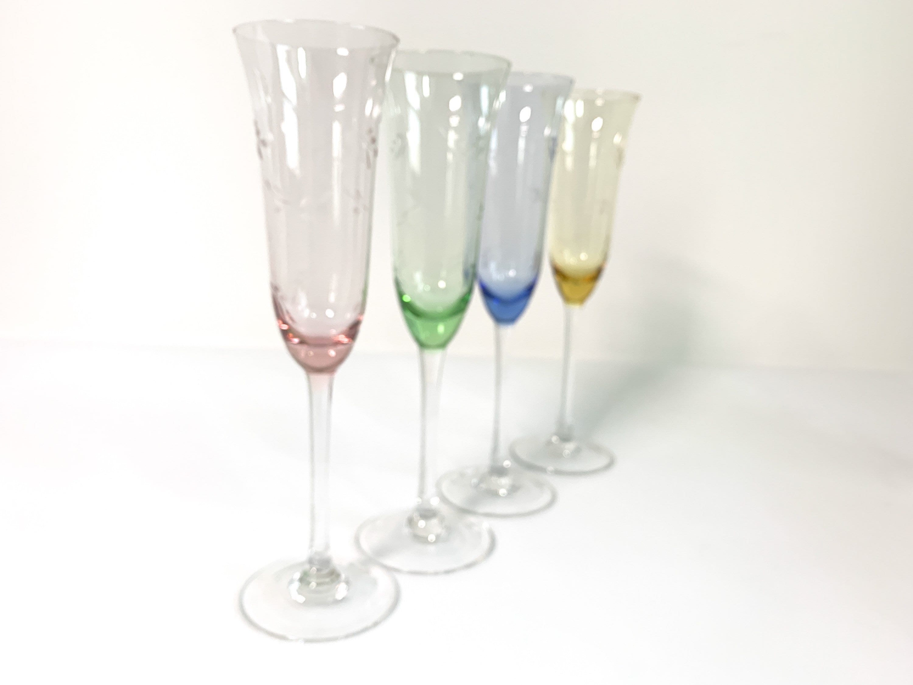 4 Vintage Very Tall Multi Color Etched Champagne Flutes Glasses 10