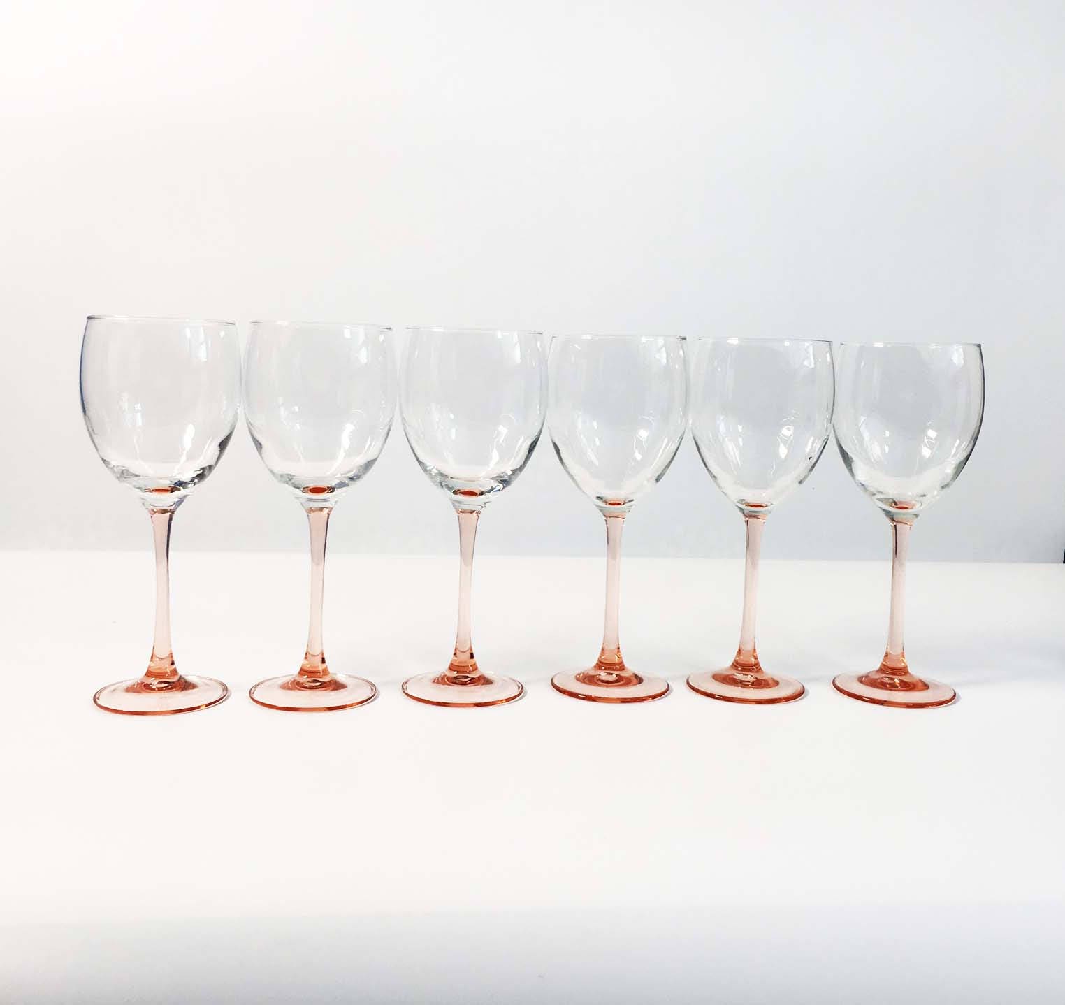 Vintage Set Of 6 Luminarc Wine Glasses W Pink Stems 6 Pink Blush Stemmed Glassware Clear