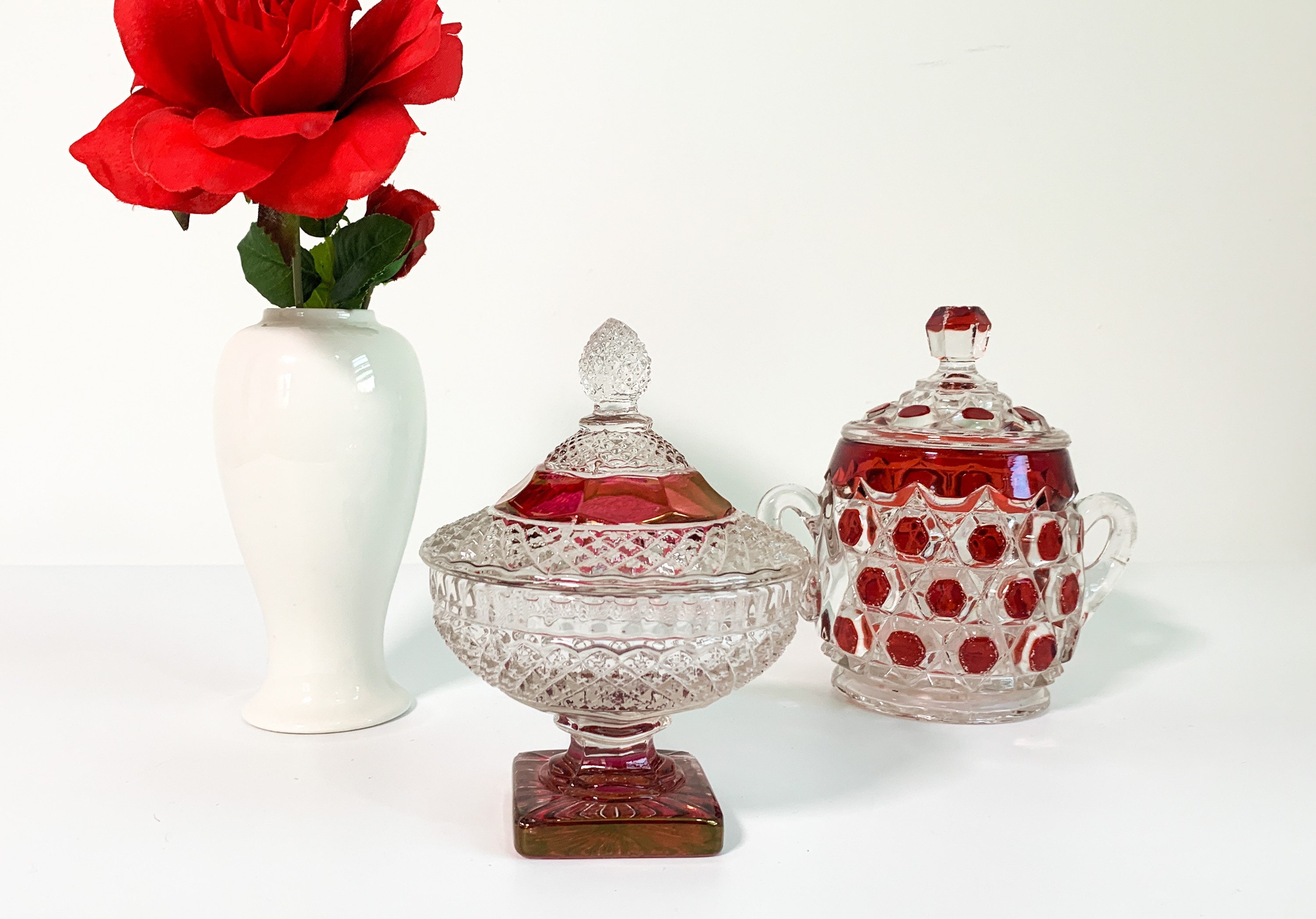 Antique Red Block Jar & Lid by US Glass Vintage Flashed Glass Round