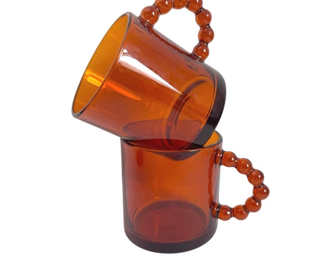 Vintage Set of 2 Glass Beaded Handle Coffee Mugs or Cups - Light Brown Glass w/ Unique Handle - Pair Two Retro Coffee or Tea Drinking Mug