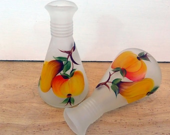 2 Vintage Hazel Atlas Satin Peach Frosted Cruets - Gay Fad Peaches Pears Model #4093 - Country Farmhouse Decor - Frosted Cruets Hand Painted