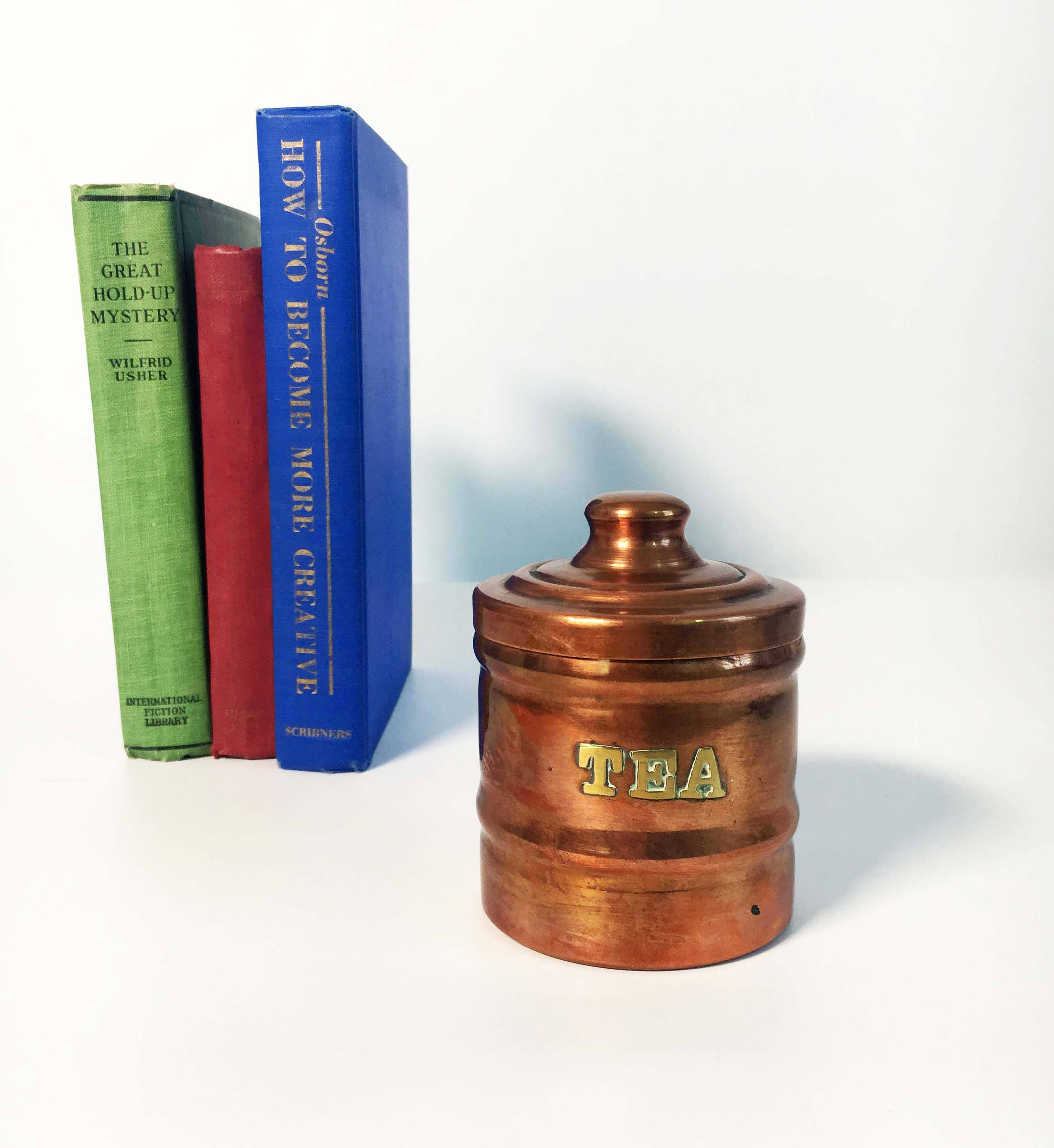 Vintage Copper and Brass Tea Canister Lettered Copper Container with