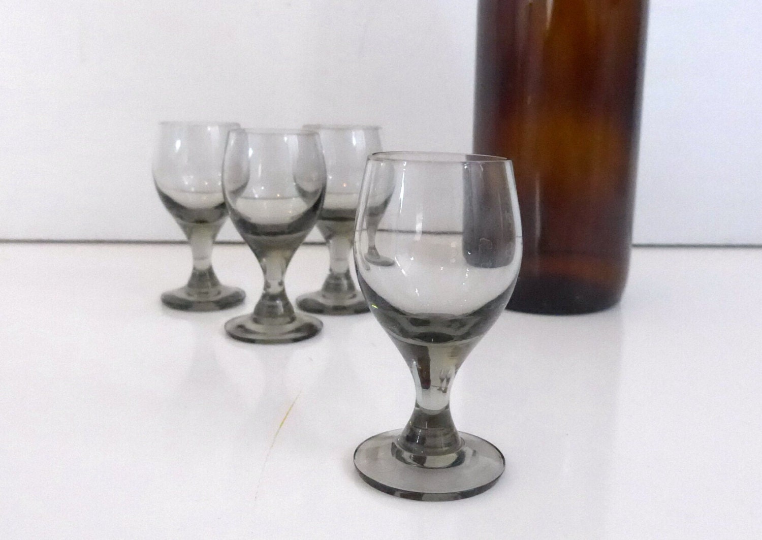 Set of 4 Vintage Cordial or Shot Glasses Smokey Glass Barware Set of