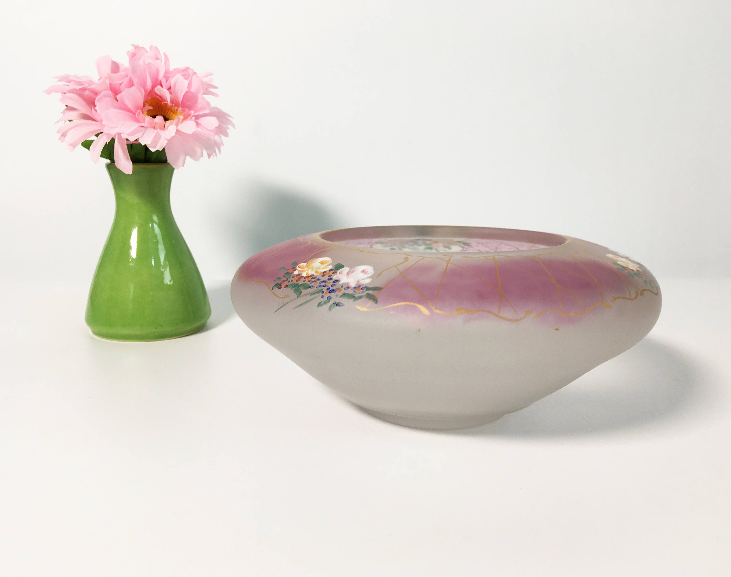 Vintage or Antique Satin Glass Bowl Hand Painted White w/ Pink Glass