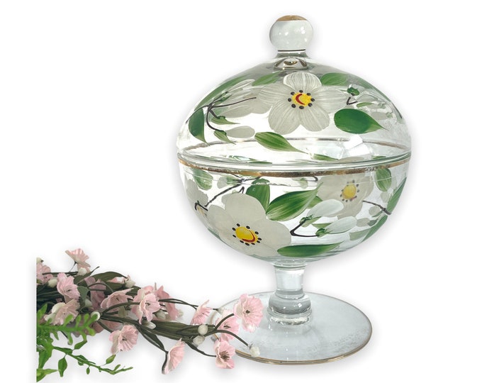 Vintage Hand painted Floral / Flowers on Glass Jar w/ Dome Lid - Round Candy Pedestal Dish w/ Gold Trim Dogwood Blossoms - White Green Gold