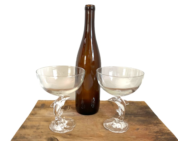 2 Vintage Dolphin Stem Champagne Glasses Coupes  - Pair Stemware Barware w/ Scalloped Base - Two Unique Toasting Glasses