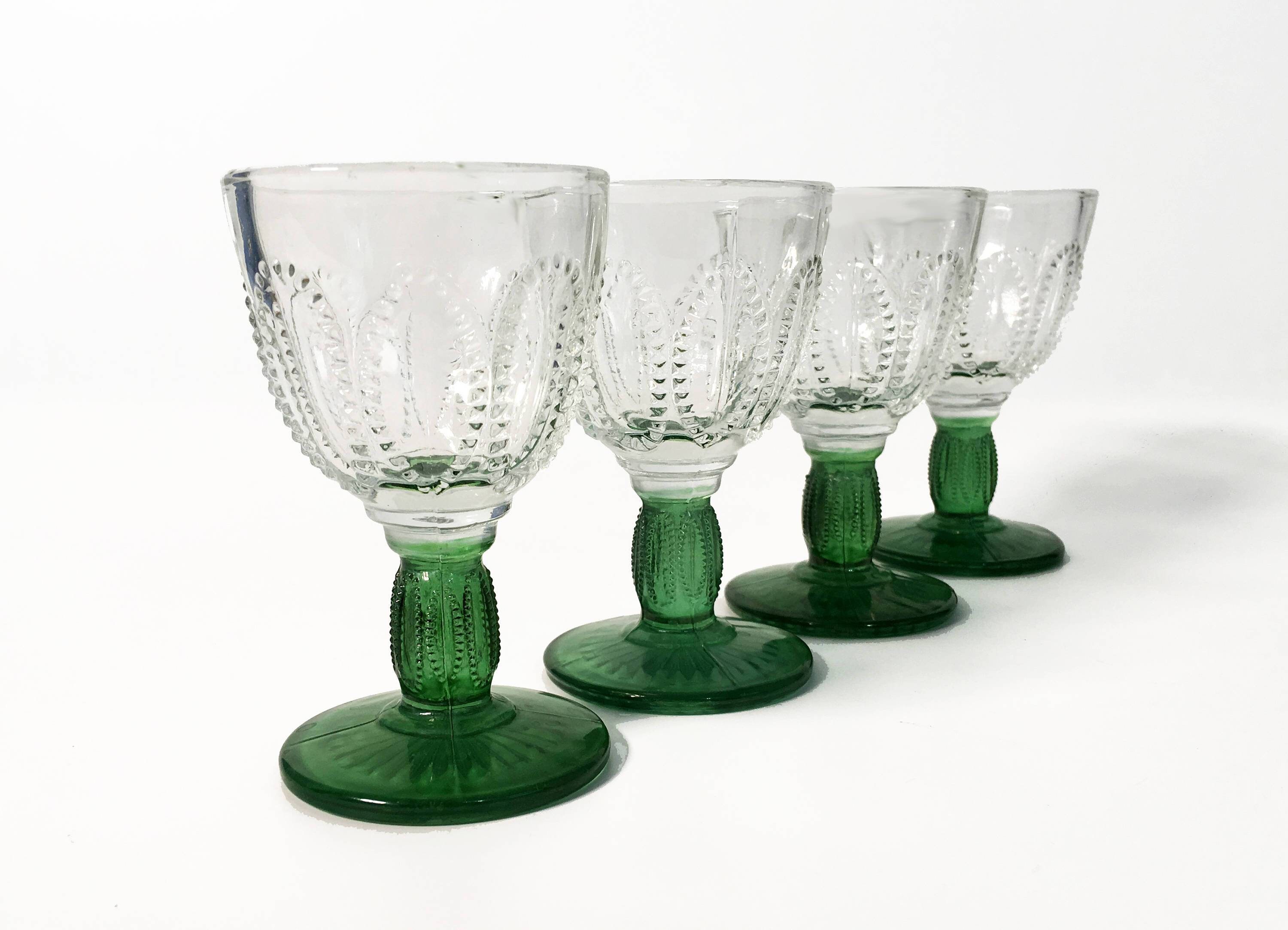 Vintage Wine Glasses w/ Green Stems Cordials Retro Barware Stemware