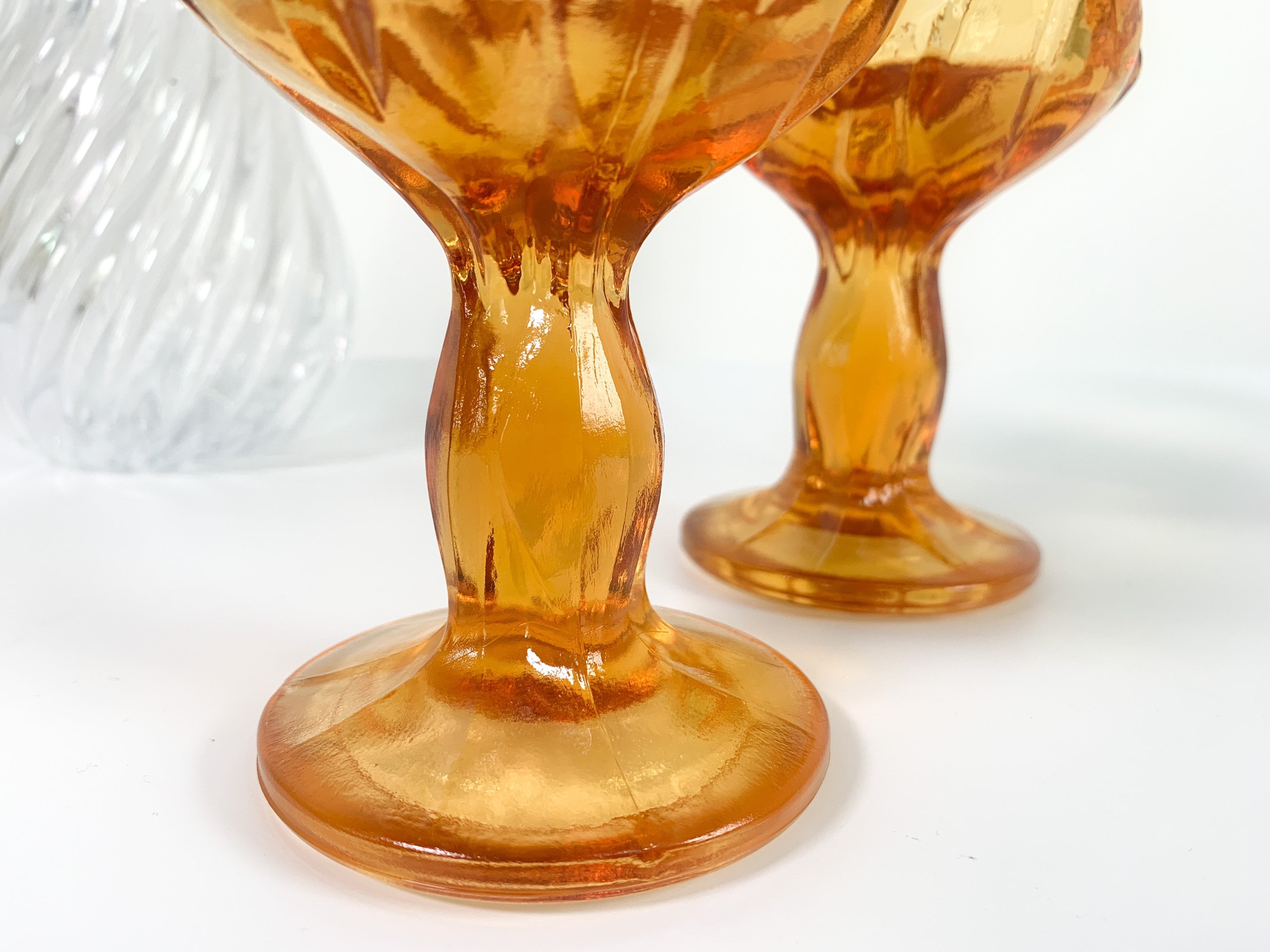 Pair Heavy Amber Vintage Pressed Glass Water Goblets w/ Petal Design