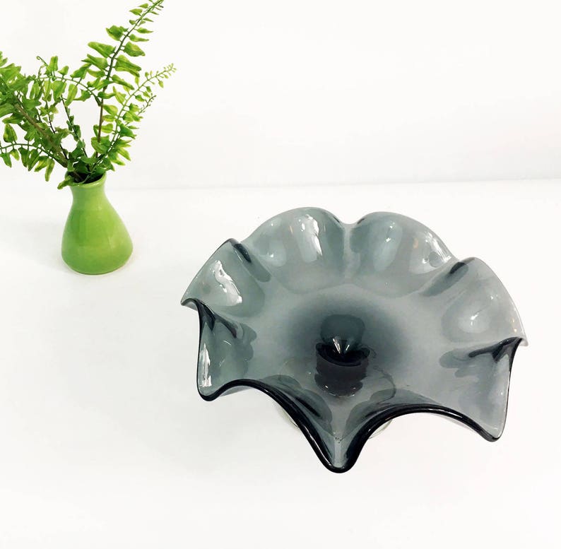 Ruffle Edges Decorative Glassware Vintage Smokey Grey Glass Compote Candy Dish Mid Century Modern Home Decor Large Gray Pedestal Bowl