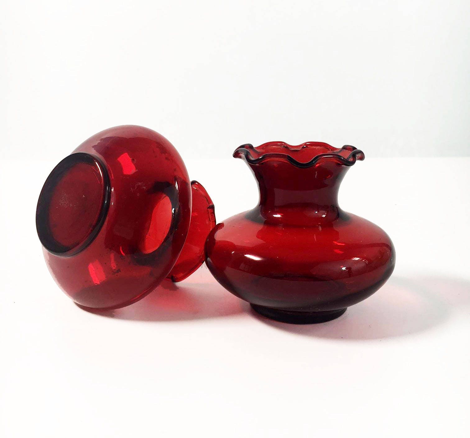 VINTAGE ANCHOR HOCKING Red Ruffle Edge Glass Vases Set of 2 Pair of