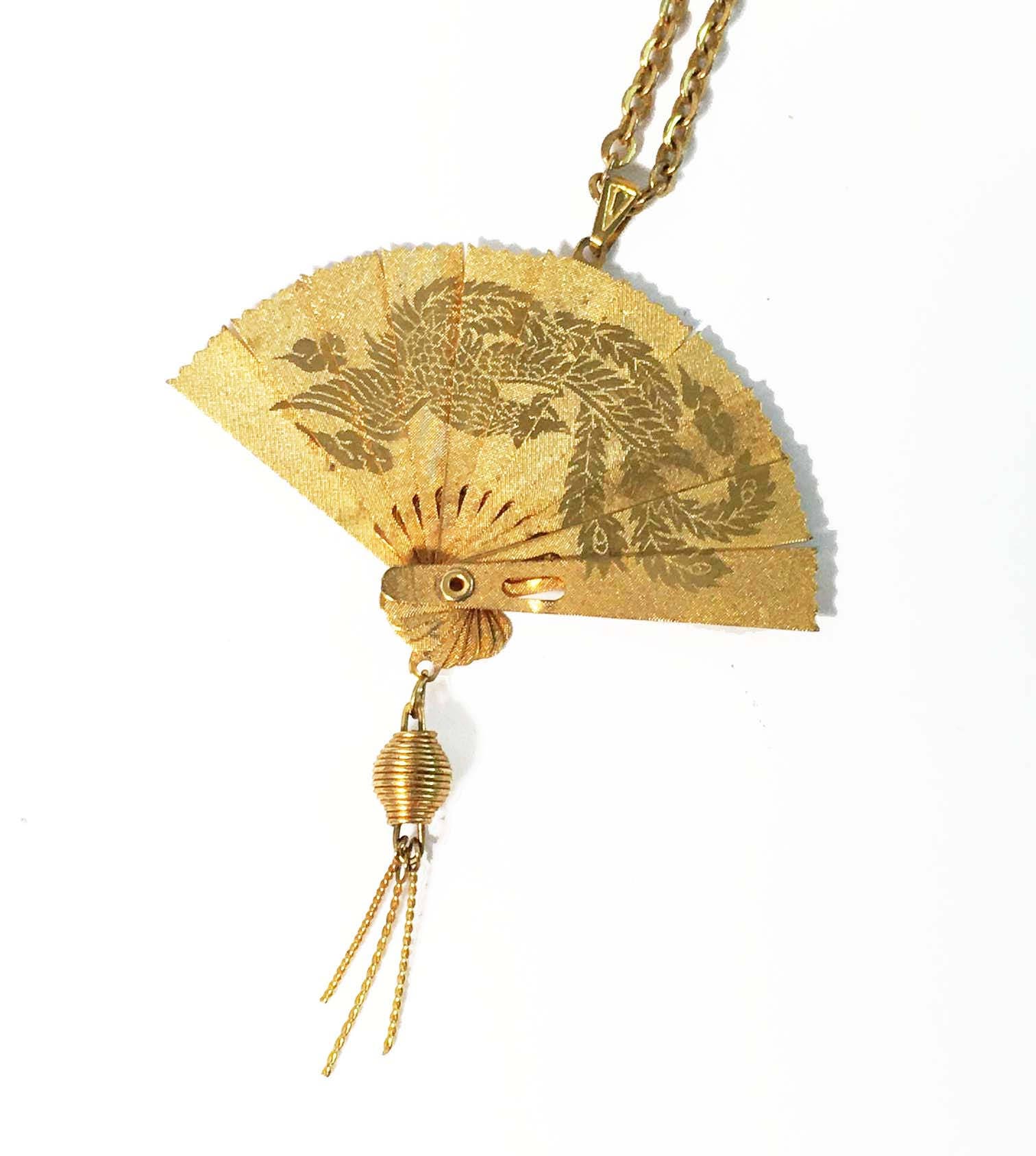 Vintage 1980s Oriental Folding Asian Fan And Tassel Gold Pendant 