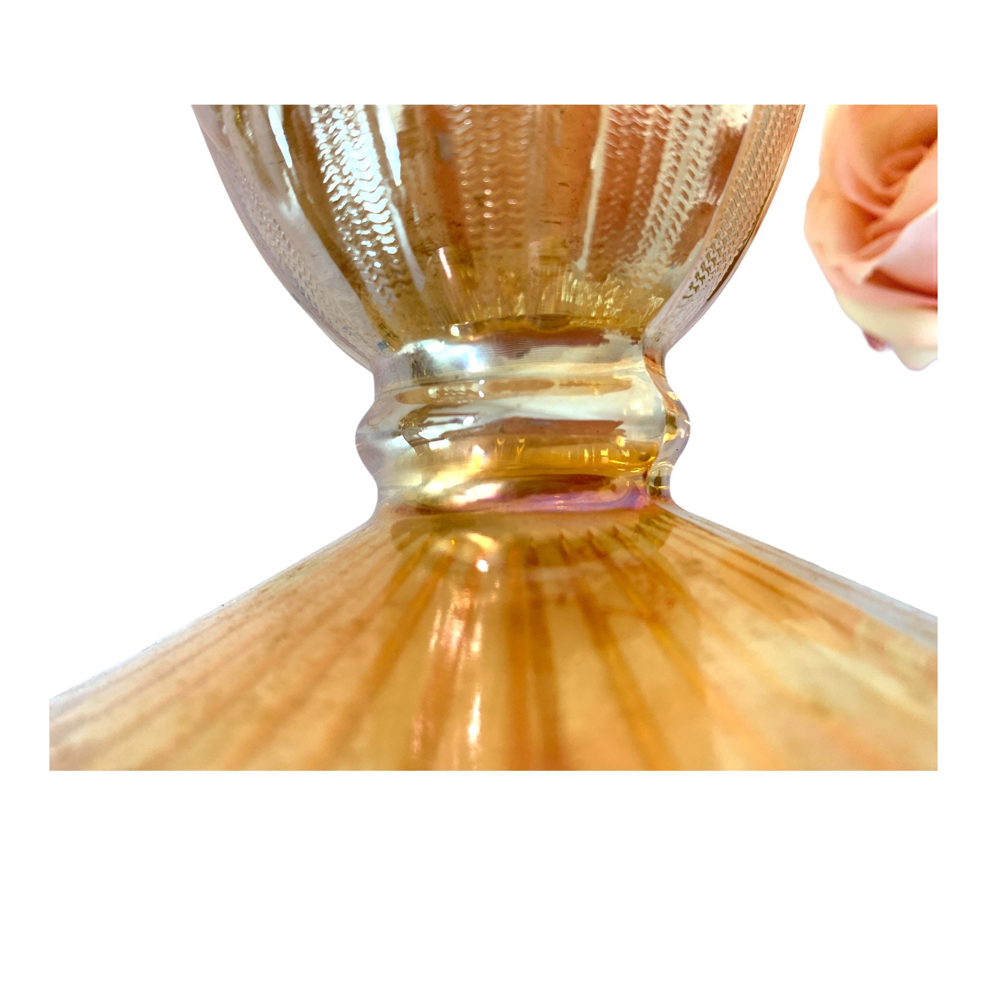 Peach Glass Iris & Herringbone 9 Inch Vase Retro Iridescent