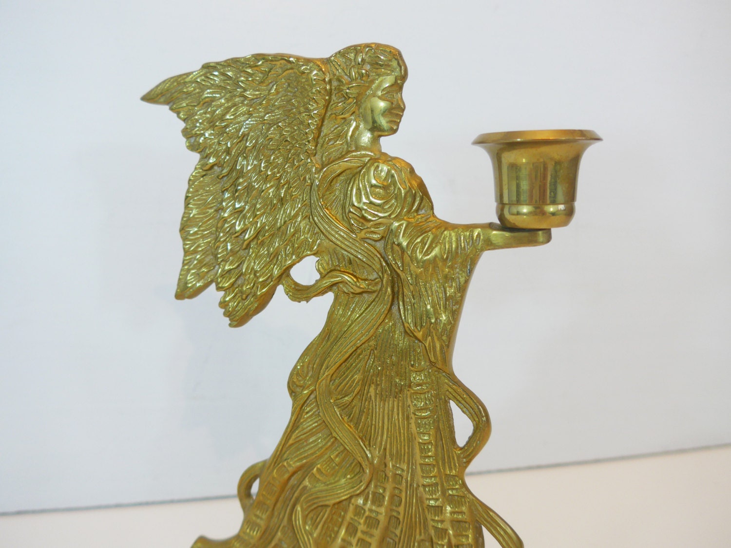 Vintage Large Solid Brass Angel Candlestick Holder Single Tall Heavy