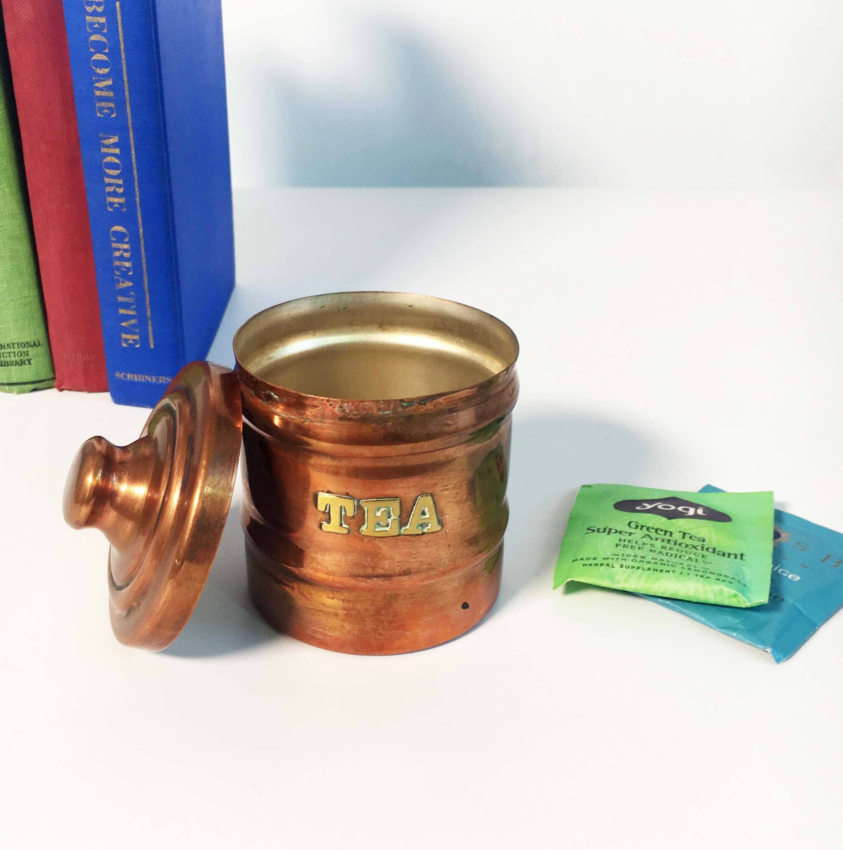 Vintage Copper and Brass Tea Canister Lettered Copper Container with
