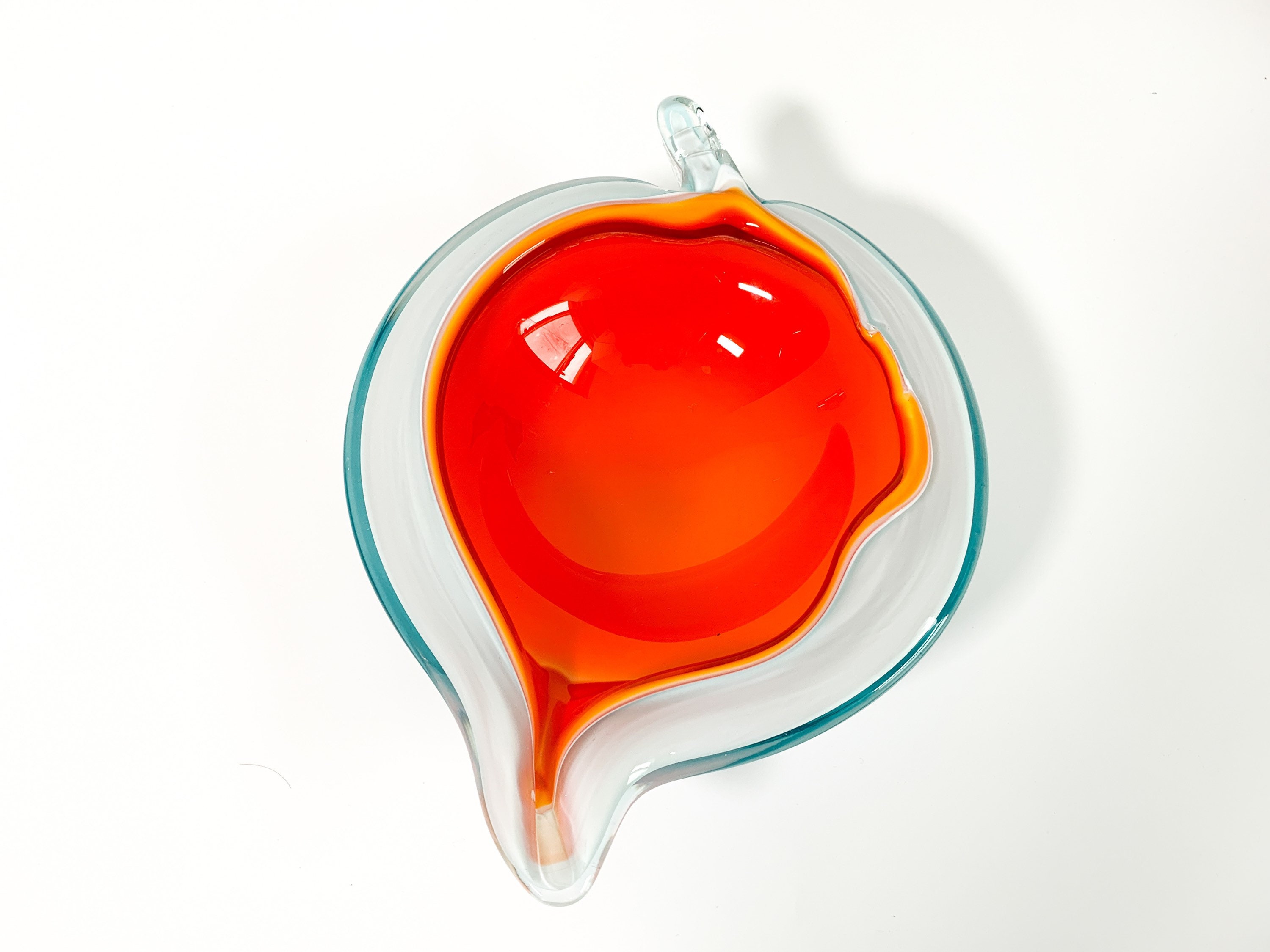 Vintage Cased Glass Bowl Dish Art Glass Red, White & Turquoise w