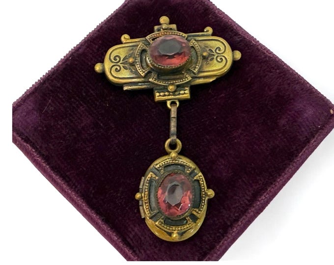 Vintage Pink Glass Gold tone Metal Locket Brooch - 2 Photo Retro Pin Antique Style