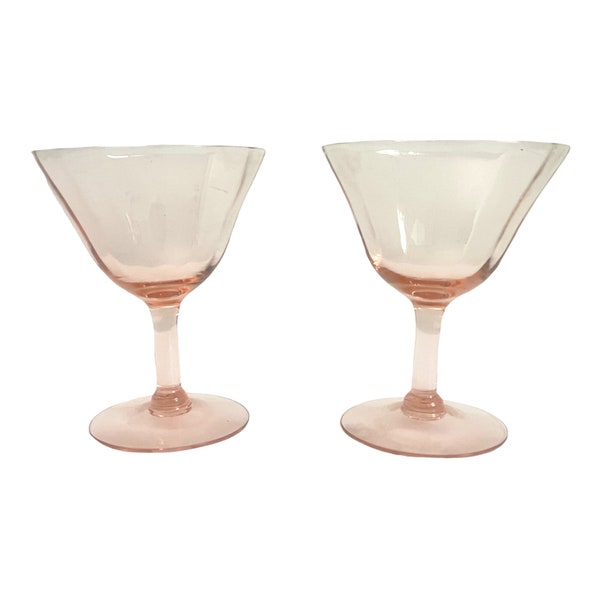 Vintage Pair Set of 2 Pink Coupes - Two Champagne Glasses - Optic Ribs Depression Glass Retro Glassware