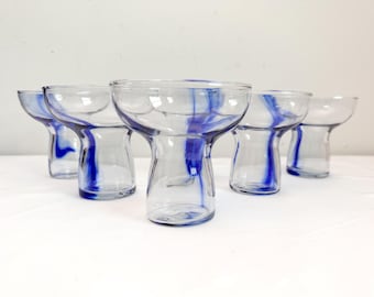 Set 6 Blue Swirl & Clear Hand Blown Glasses - Unique Retro Funky Stemware Drinkware - Mod Modern - Handblown Glass - Dinner Parties Party